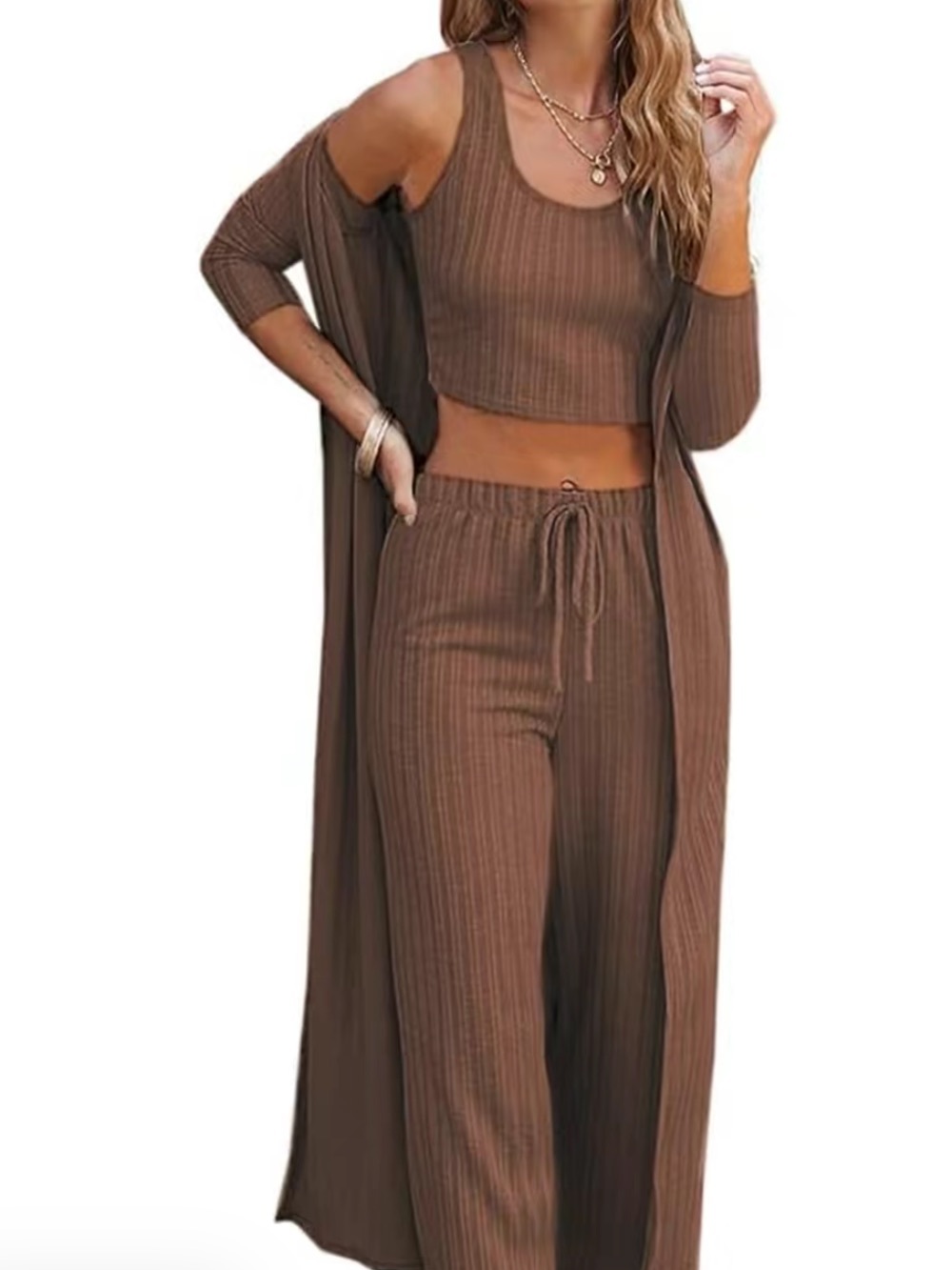 Ribbed matching Brown 3-Piece Lounge Set - Tank, Pants & Long Cardigan small NEW